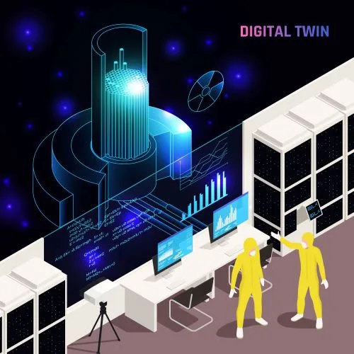 Digital twin (Image source: <a href="https://www.freepik.com/free-vector/illustration-digital-twins-testing-simulation_20878564.htm#query=digital%20twin&position=22&from_view=search&track=ais">Image by macrovector</a> on Freepik)
